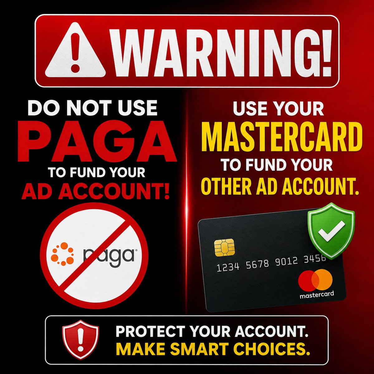 Phillipdigital_'s tweet photo. ⚠️ Quick Warning For Advertisers!

Avoid using Paga to fund your Facebook ad account for now.

There are currently issues affecting transactions.

Use your Mastercard instead for safer and smoother payments. ✅ https://t.co/NmYxEMpgw2