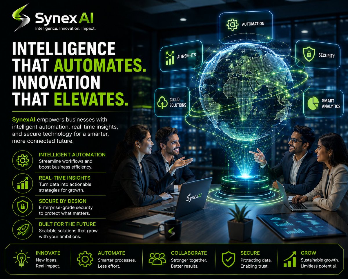SynexAII's tweet photo. 💻 SynexAI transforms visionary ideas into intelligent automation, secure innovation, and limitless digital opportunities for tomorrow’s ambitious businesses 🚀🌍 https://t.co/MRFoeSrSS6