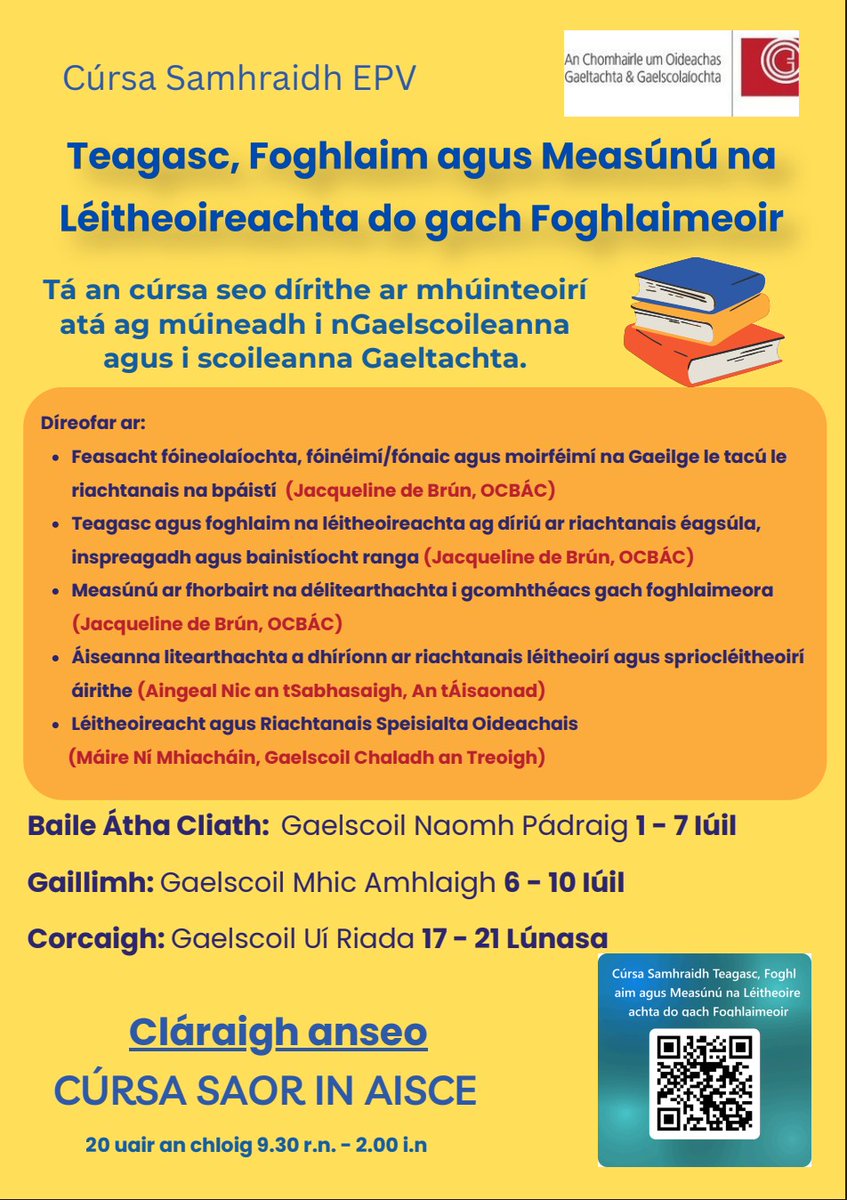 CoggOid's tweet photo. Teagasc, Foghlaim &amp; Measúnú na Léitheoireachta 📖

SAOR IN AISCE do mhúinteoirí Gaelscoile &amp; Gaeltachta

→ Fócas ar litearthacht &amp; délitearthacht (Gaeilge/Béarla)

📅 3 lá EPV
 📚 Acmhainní saor in aisce
🤝 Dea-chleachtas a roinnt
🤝 Scileanna gairmiúla a fhorbairt! https://t.co/kqRU1RF6NI