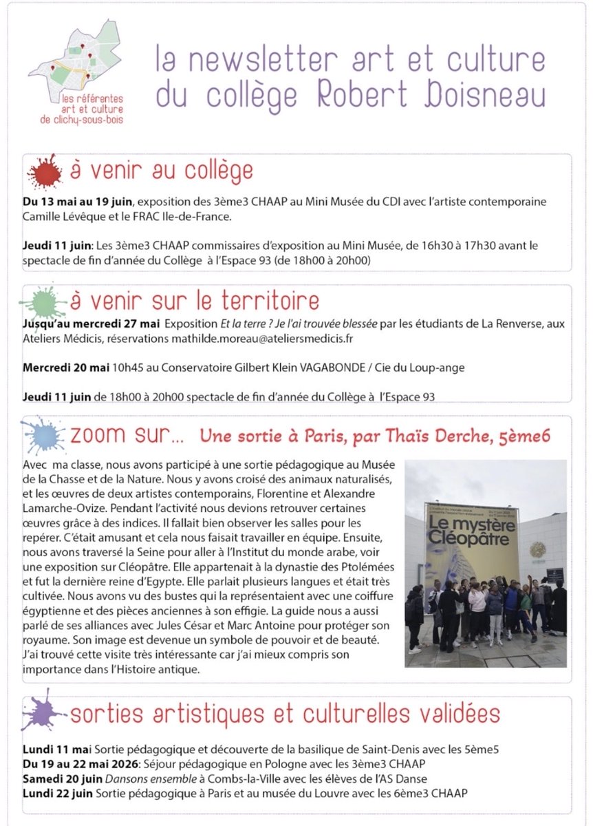 ClgDoisneau93's tweet photo. Quand l’Art et la Culture rayonnent sur le Collège REP+ Robert DOISNEAU à Clichy-sous-Bois (93) :

Avis aux lecteurs…‼️‼️‼️

La Newsletter «Art et Culture» de Mai-Juin 2026 est parue… https://t.co/KWyYR4dThi
