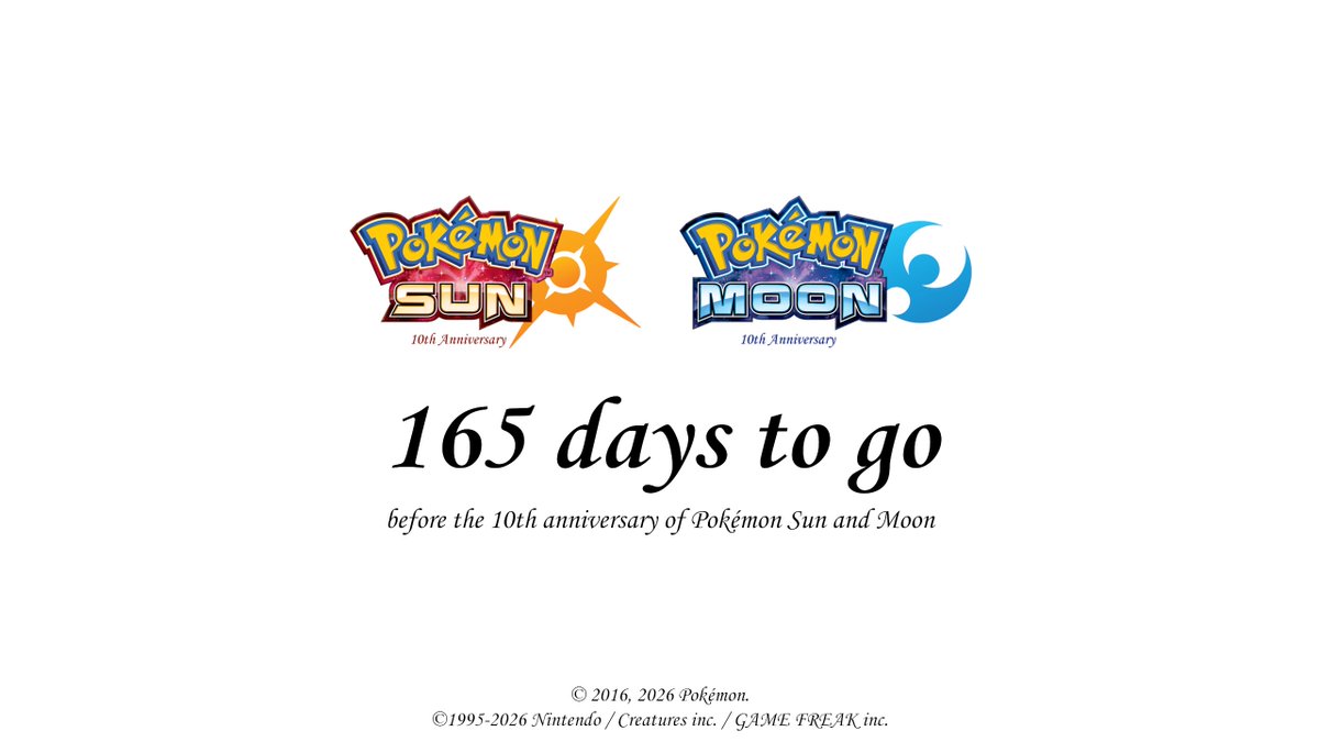VerlorenChamp's tweet photo. 165 days to go before the 10th anniversary of Pokémon Sun and Moon
#PokémonSunandMoon #Pokémon #Pokémon30 https://t.co/wz4Lxbms2S