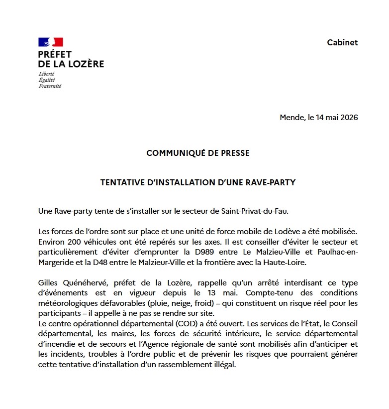 Image de Préfet de la Lozère - Une Rave-party tente de s’installer sur le secteur de Saint-Privat-du-Fau.

Les forces de l’ordre so
