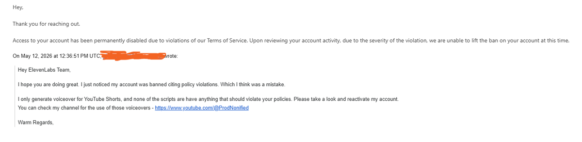 NotVidev's tweet photo. Hey @ElevenLabs team, I hope you are doing great.
So two of my accounts were banned citing "prohibited Policy Violation".
One had sub, one did not, I make the same style of voiceover on both.
So how come only one of the appeal was accepted.
Please Look into the matter. https://t.co/JTiEyuURWh