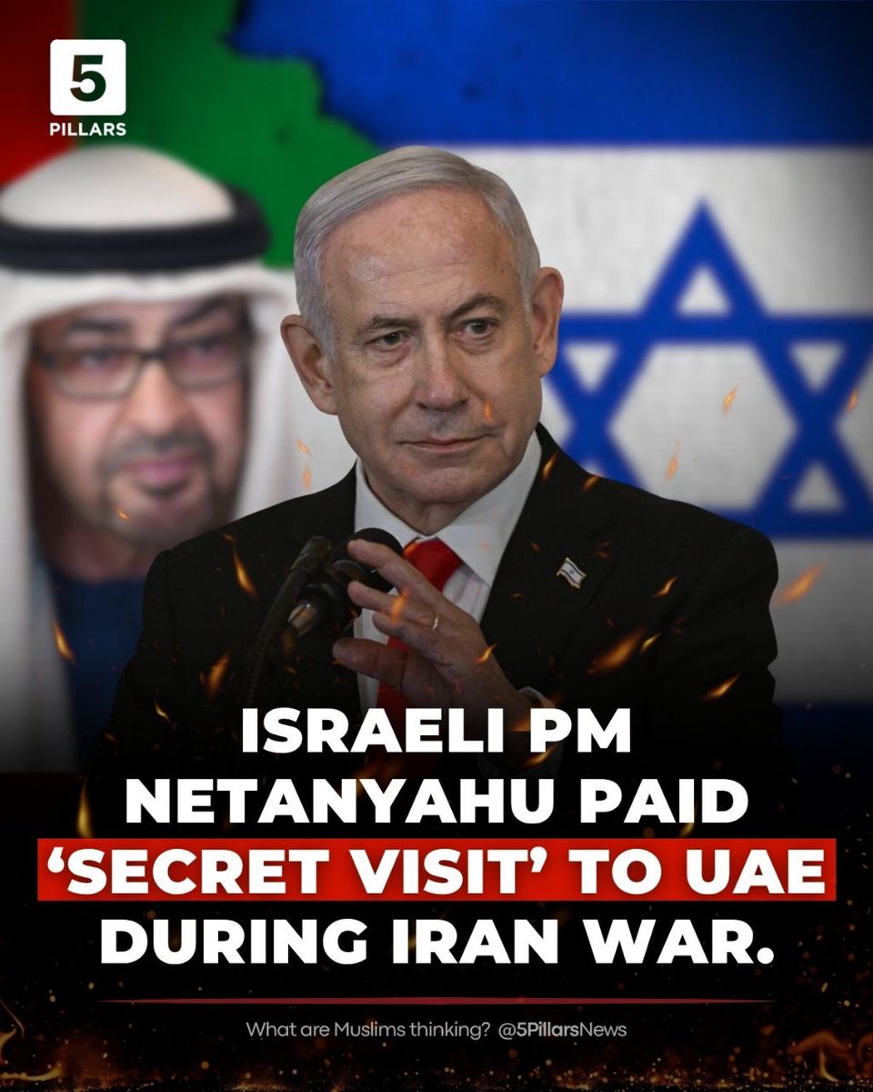 5Pillarsuk's tweet photo. Netanyahu's secret visit to the UAE

The Israeli Prime Minister’s office has published a statement saying that Benjamin Netanyahu paid a “secret visit” to the UAE early in the Iran war and met with the president of the UAE, Sheikh Mohammed bin Zayed.

“This visit led to a historic breakthrough in relations between Israel and the United Arab Emirates,” the statement said.

The UAE issued a statement in response denying the visit ever happened.