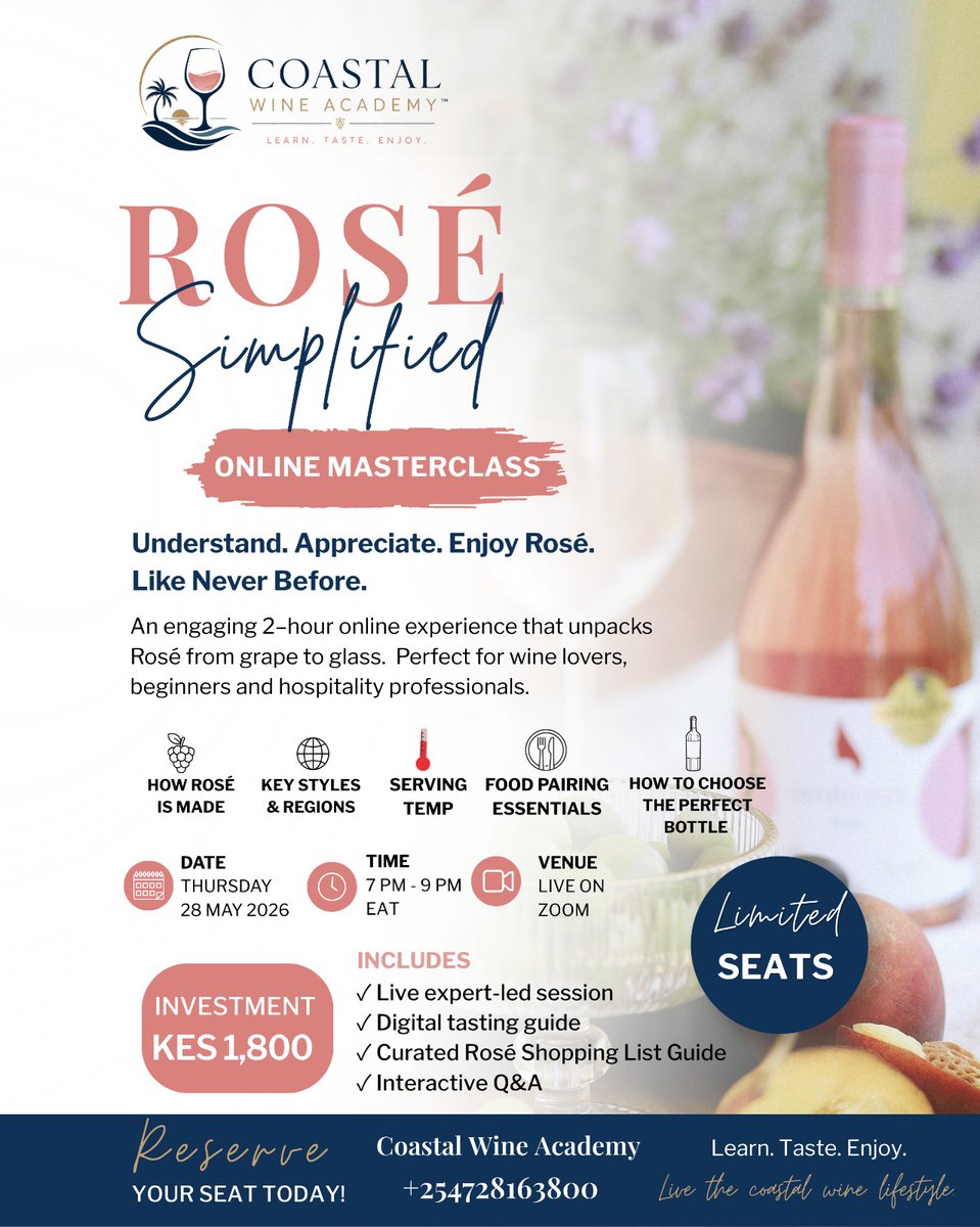 civilgrape's tweet photo. Rosé pairs beautifully with: 🍤 Seafood 🧀 Cheese boards 🍣 Sushi 🌮 Light spicy foods 🍓 Summer desserts
We’re covering pairing basics inside Rosé Simplified Online Masterclass on 28 May 7PM-9PM EAT. Registration now open through the link in our bio. https://t.co/dPQw9ScIvQ