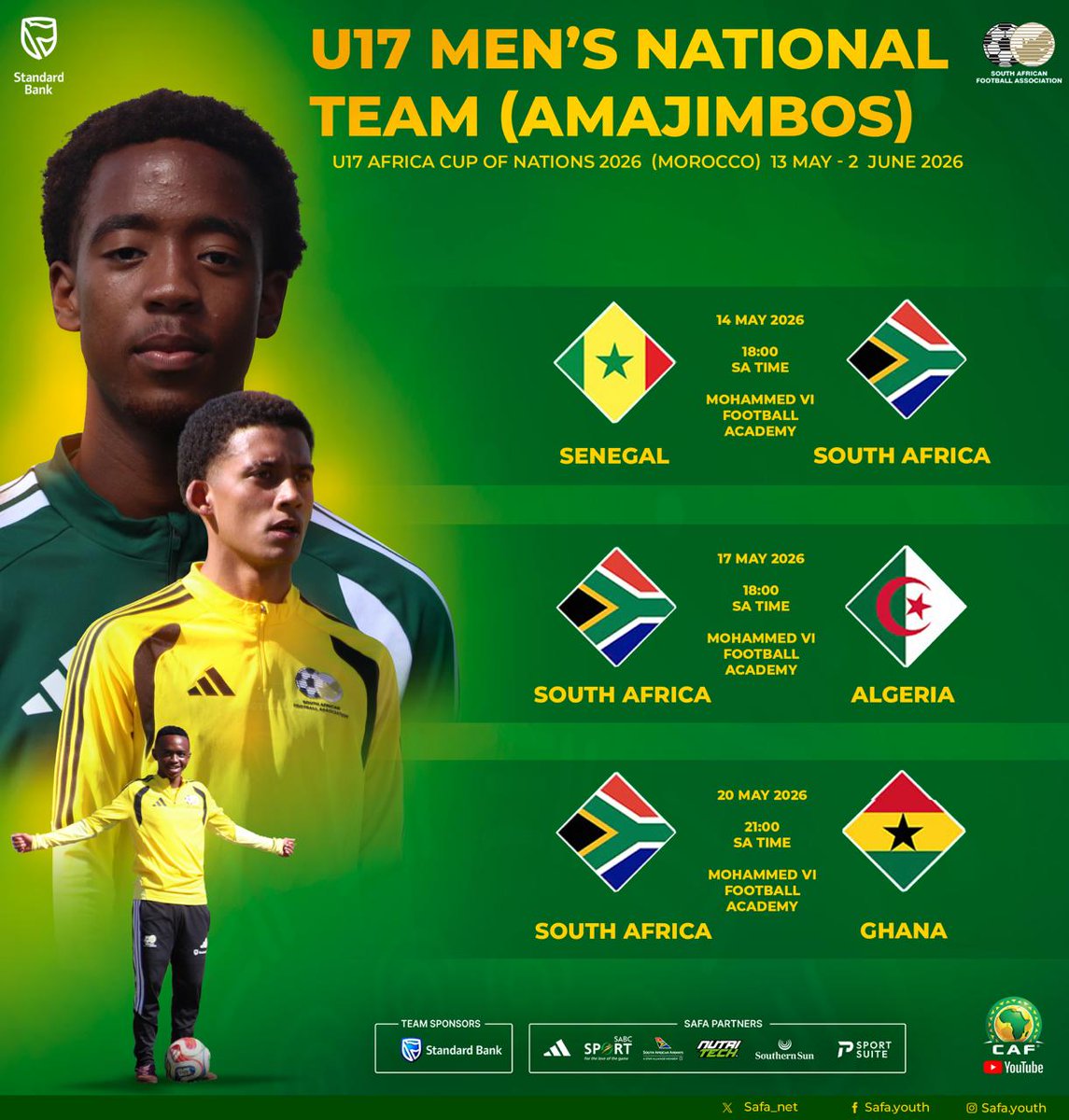 SAFA_net's tweet photo. South Africa's U17 Men's National Team πΏπ¦, Amajimbos, begins their AFCON tournament today against Senegal β½π₯. The team is highly motivated, and the announcement calls for the nation to show their support for these young players.
#Amajimbos
@adidasza @StandardBankZA https://t.co/Ic17iJ0Gxc
