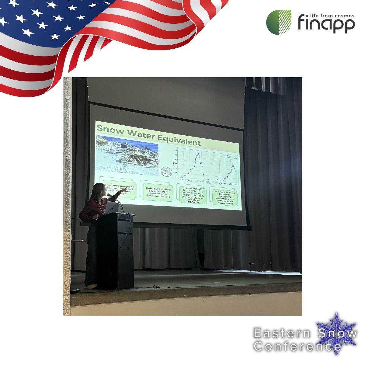 Finapptech's tweet photo. Finapp was proud to participate in the Eastern Snow Conference 2026, one of the leading international events dedicated to snow, hydrology, and environmental monitoring.

During the conference, we presented our Snow Water Equivalent (SWE) monitoring solution based on Cosmic Ray Neutron Sensing (CRNS) technology, showcasing how non-invasive and real-time measurements can support more accurate snowpack monitoring at large scale and in depth.

Our technology enables continuous SWE monitoring with spatially representative data, helping researchers, utilities, and environmental agencies improve water resource management, forecasting, and climate resilience strategies.

It was a great opportunity to exchange ideas with experts from around the world and discuss the future of environmental monitoring and snow hydrology.

#Finapp #CRNS #SnowWaterEquivalent #SWE #EnvironmentalMonitoring #ClimateTech #Hydrology #SnowMonitoring #WaterManagement #EarlyWarningSystem