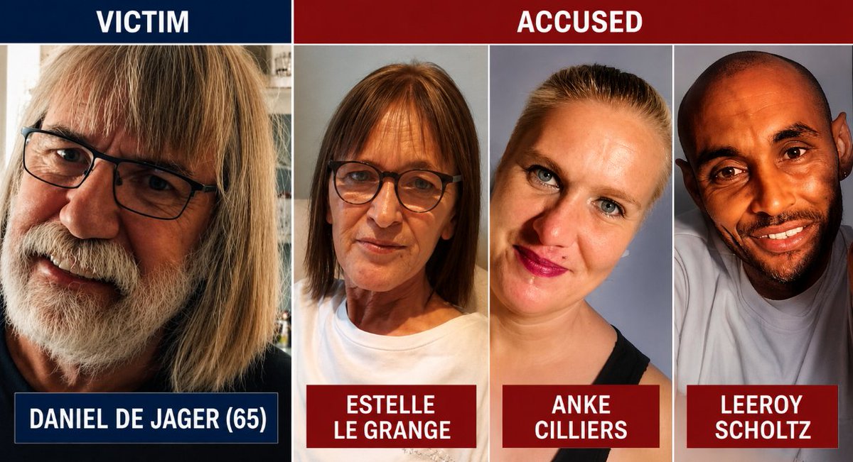 BiancavanWyk16's tweet photo. “STAGED ROBBERY”: PARTNER AND TENANTS ACCUSED OF GQEBERHA BUSINESSMAN’S MURDER

Three accused in the murder of businessman Daniel de Jager (65) briefly appeared in the Gqeberha High Court on 12 May. The matter was postponed to 22 May for further consultations.

Initial reports stated that four intruders invaded the Mangold Street home while the couple slept, restrained Estelle le Grange and fled with property and De Jager’s Nissan Juke. However, the State now alleges the robbery scene was staged.

The accused: Estelle le Grange (57) and tenants Anke Cilliers (36) and Leeroy Scholtz (36), who lived on the same property, face charges of conspiracy to commit murder, premeditated murder and robbery with aggravating circumstances.

It is the State’s case that the three unlawfully and intentionally conspired to kill De Jager, allegedly suffocating him and striking him repeatedly with a hammer or similar instrument.

The State further alleges they stole bank cards, jewellery and R4,450 in cash to make the murder appear to be a house robbery gone wrong.