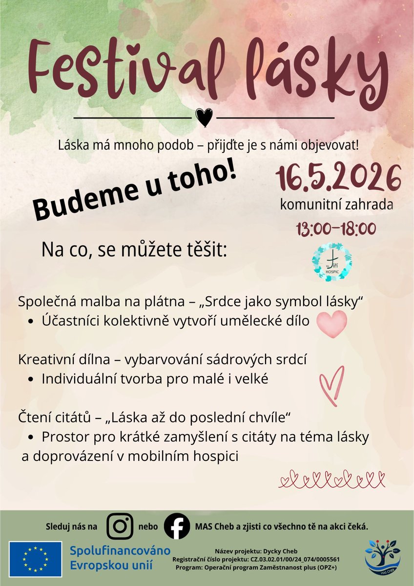 HospicJ's tweet photo. ❤️ Paliativní péče je o životě – oslavte ho s námi na Festivalu lásky!
📅 Kdy: sobota 16. 5. 2026
🕐 Čas: 13:00 – 18:00
📍 Místo: Komunitní zahrada (Cheb, Májová ulice, naproti restauraci Hannibal)
Přijďte si s námi připomenout, že na kvalitě života záleží v každém okamžiku.💕 https://t.co/xWegNnKtXr
