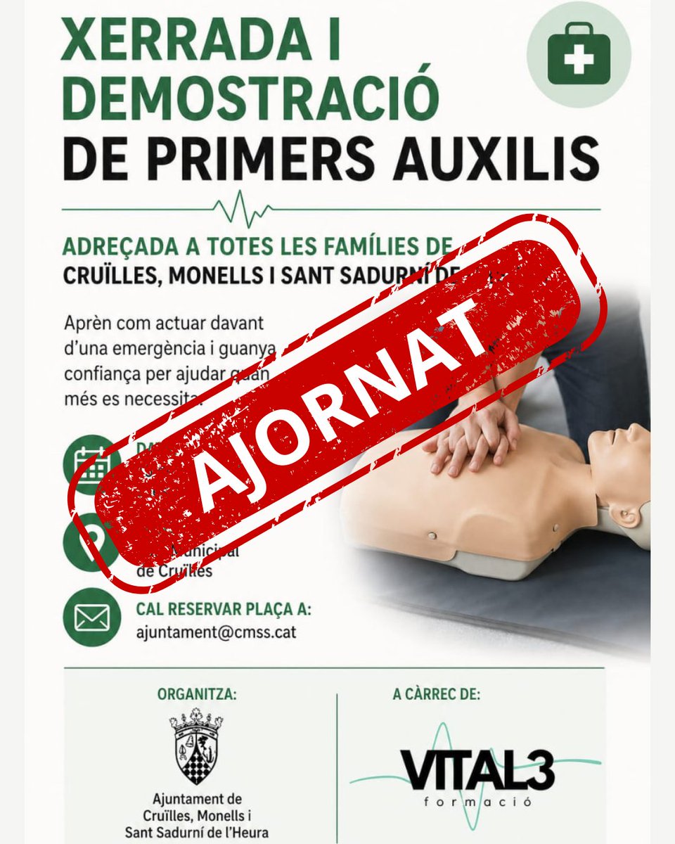 ajcmss's tweet photo. La xerrada i demostració de primers auxilis que s'havia de fer aquest divendres  a la Sala de Cruïlles queda ajornada per causes logístiques. S'està treballant per reprogramar la sessió el més aviat possible. https://t.co/S225DroPAr
