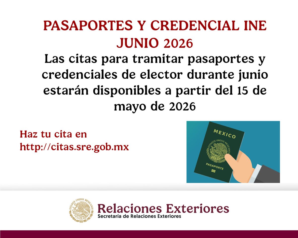 Embamexru's tweet photo. 📢 ¡ Atención !

Las citas para pasaportes y credenciales de elector de junio 2026 se abrirán el viernes 15 de mayo, en el transcurso de la mañana.

⚠️  Se recomienda no intentar ingresar más de una vez por hora a la plataforma de #MiConsulado. 🖱️https://t.co/03iQyIXqFO

Te compartimos el paso a paso para programar tu cita👉 https://t.co/vQiU6tqm8a