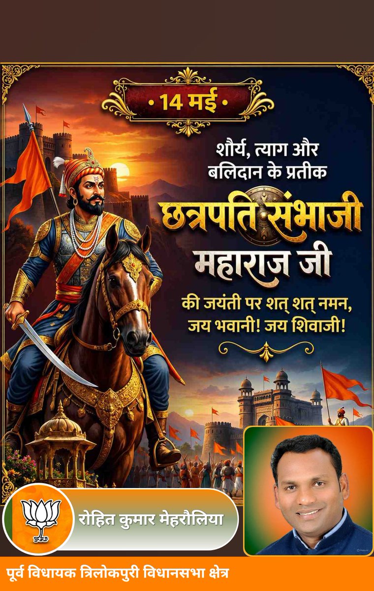 KumarMehraulia's tweet photo. अद्वितीय शौर्य, अदम्य साहस और राष्ट्रभक्ति के अमर प्रतीक, धर्म एवं स्वाभिमान की रक्षा हेतु अपना सर्वस्व समर्पित करने वाले हिंदवी स्वराज के महान योद्धा छत्रपति संभाजी महाराज की जयंती पर उन्हें श���् शत् नमन।

#ChhatrapatiSambhajiMaharaj https://t.co/SxKE1JsBMk
