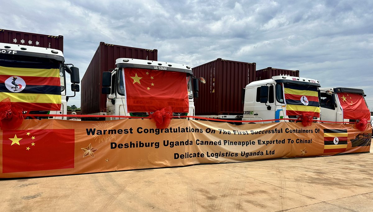 FAOUganda's tweet photo. #HappeningNow: 
Uganda flags off its first-ever consignment of canned #pineapples for export, to China🍍🇺🇬 🇨🇳

A massive win for 👏👏 
✅Agro-industrialization
✅ Job opportunities 
↗️ Farmer incomes. 

🍍taking Ugandan value-add to the world stage.

#SouthSouthCooperation 🤝 https://t.co/mt0Sx3KOFh