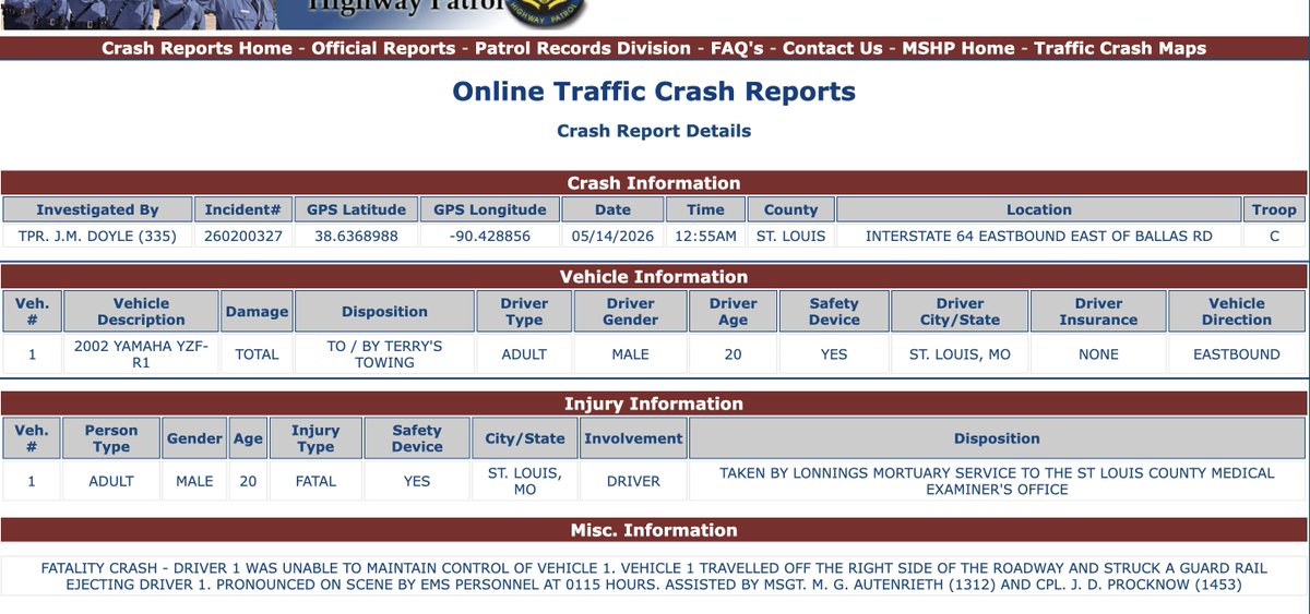ScannerNewsSTL's tweet photo. Overnight Fatal Motorcycle Crash, Frontenac:
+
•The MSHP Troop C reports the one-vehicle crash happened at 12:55 A-M today (5-14-26) on eastbound 64/40 between Ballas Road and Spoede Road, when a Yamaha YZF-R1 travelled off the roadway and struck a guard rail. https://t.co/9pLrQd2eou