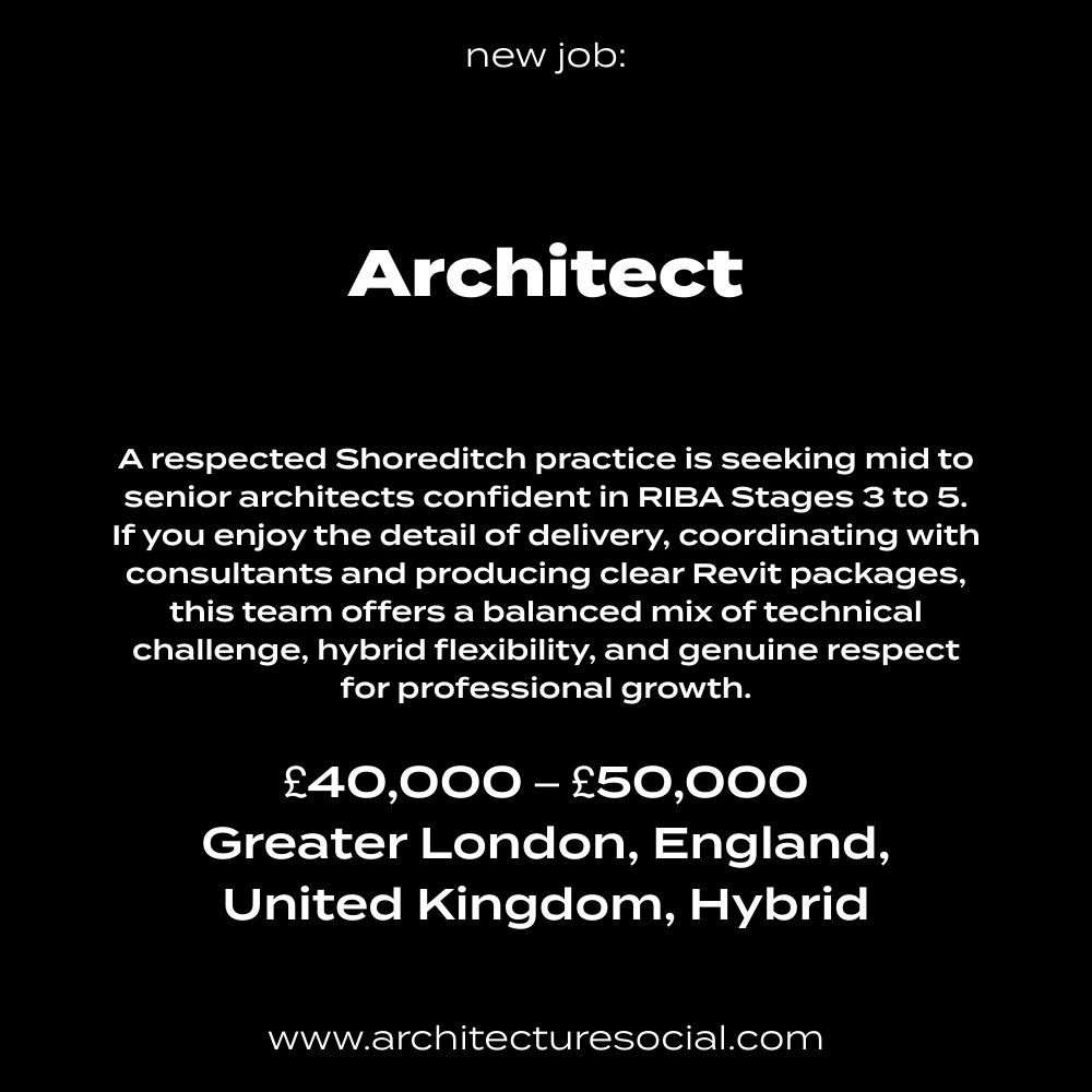 ArchitectureSoc's tweet photo. A respected Shoreditch practice is seeking mid to senior architects confident in RIBA Stages 3 to 5. If you enjoy the detail of delivery, coordinating with consultants and producing clear Revit packages, this team offers a balanced mix of technical challenge, hybrid flexibility, and genuine respect for professional growth.

Apply here: https://t.co/iIUZ80uF9I

#ArchitectureSocial #UKArchitecture #Architect #RIBA #ArchitectureCareers