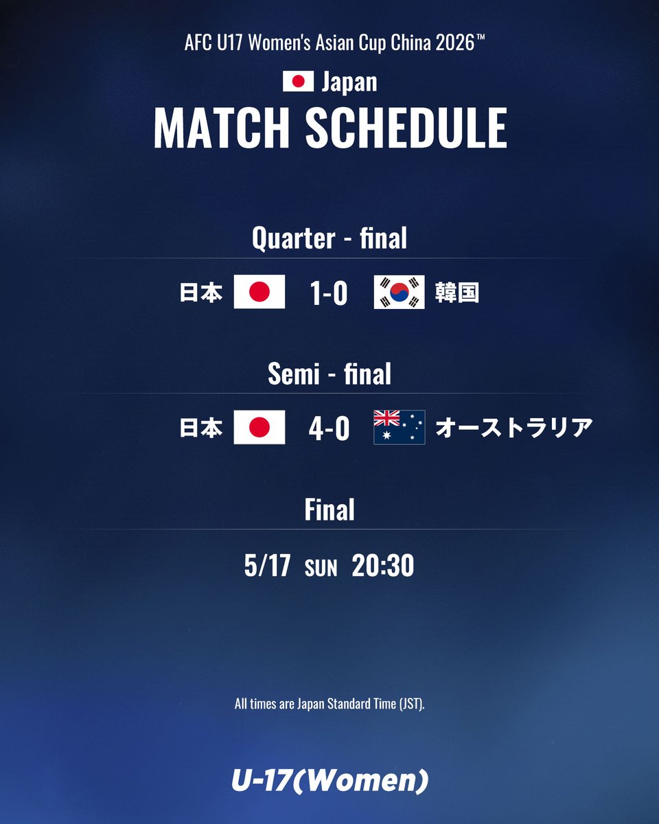 NEXT MATCH⏩ 🏆AFC U17女子アジアカップ 中国2026 ⚔️決勝 🗓️5.17(日) ⌚️20:30(🇯🇵) 🆚U-17中国 ...