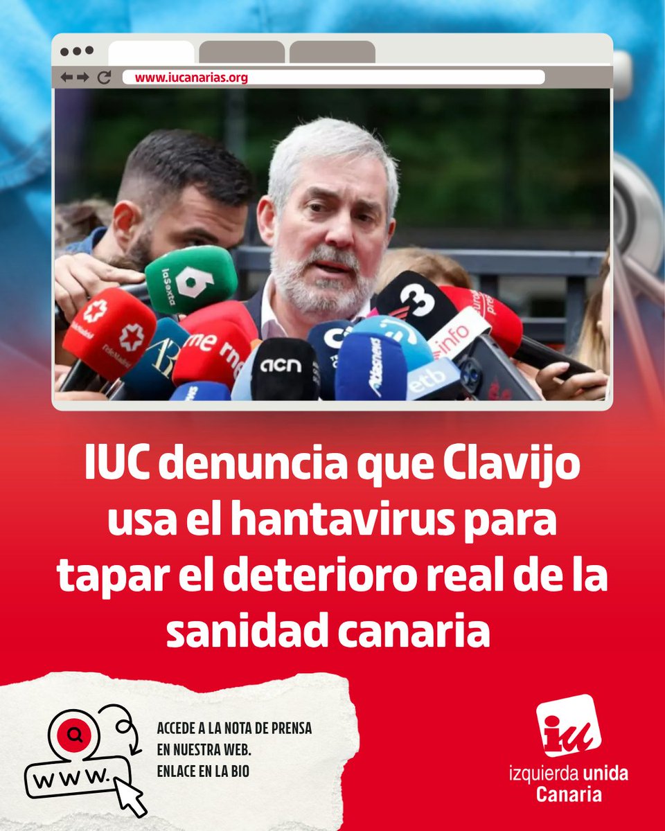 IUCanaria's tweet photo. Clavijo intenta usar la emergencia sanitaria del Hantavirus para tapar el deterioro de la sanidad en Canarias. Las cifras son tozudas: nos situamos por debajo de la media estatal en gasto sanitario por habitante con 2.036€ frente a los 2.084€ de media nacional #sanidadpública https://t.co/EIlCIJRBPw