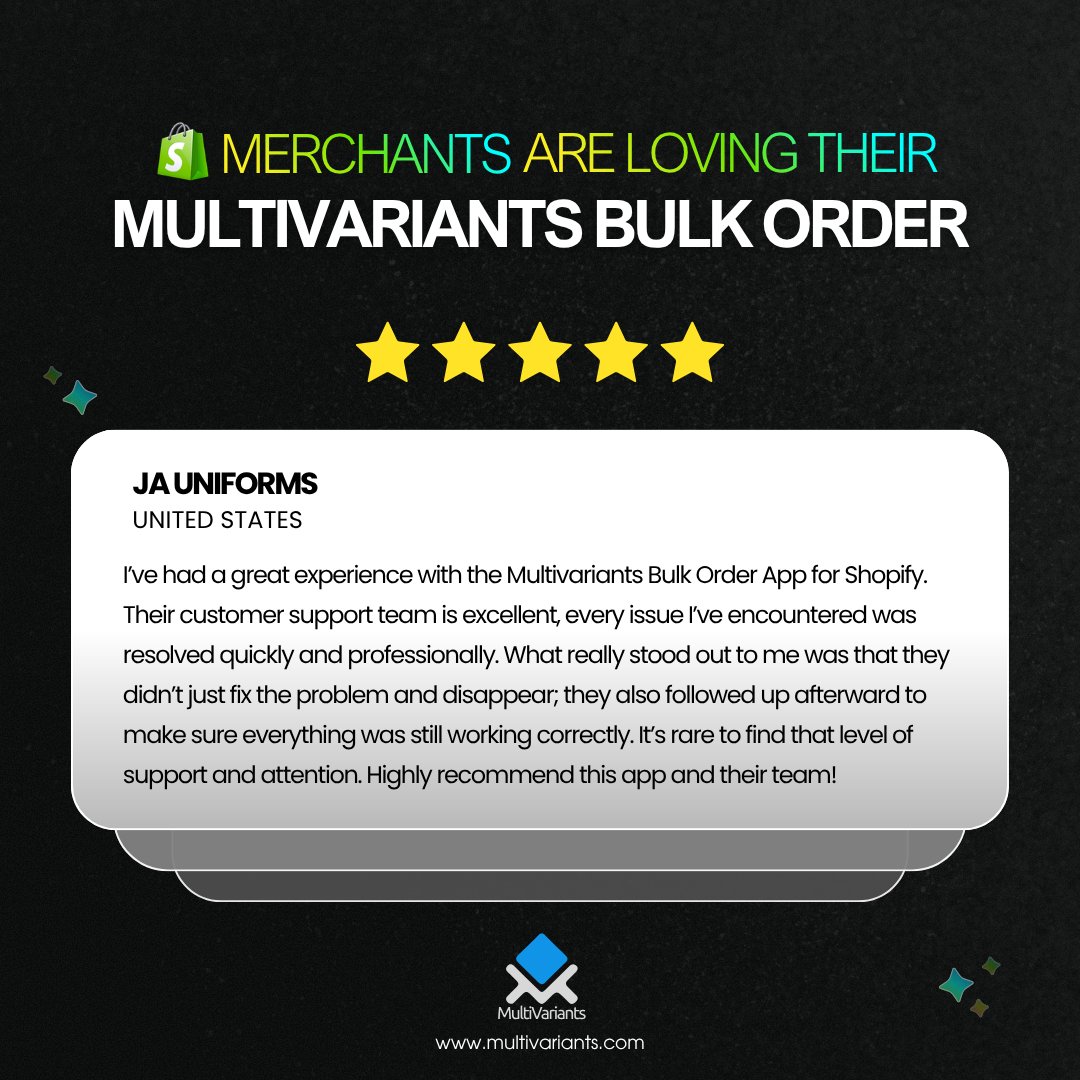 multivariants's tweet photo. 4 years with MultiVariants ๐
Reviews like this remind us why we do what we do. Huge thanks to JA Uniforms for trusting our team throughout their Shopify journey and for sharing this amazing feedback โญโญโญโญโญ
#Shopify #ShopifyApps #eCommerce #B2B #CustomerSupport https://t.co/GYn7YC6x4z