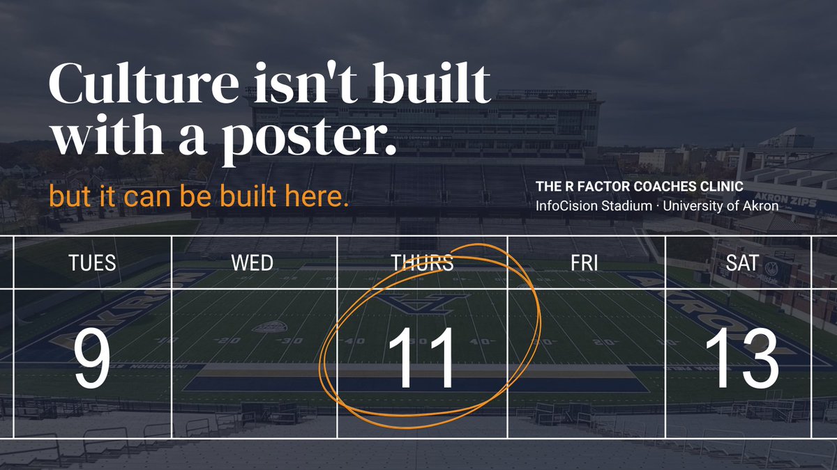 Focus3_Team's tweet photo. Culture isn't built with a poster. It's built by what you practice, promote, and permit.

We're teaching this live in @uakron on June 11, 2026. 

R Factor Coaches Clinic → https://t.co/v7AAsKlVyF https://t.co/1nSUFnrENE