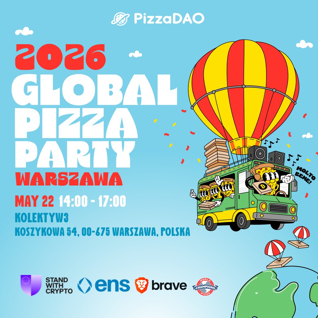 ETHWarsaw's tweet photo. 🍕Pizza Day in Warsaw 🍕

On May 22, 2010, two pizzas changed history forever.
10,000 BTC for two pizzas became the first real-world Bitcoin transaction and the beginning of a global movement.

Now we’re bringing the celebration to Warsaw 🇵🇱

Join us at @Kolektyw3 for the Global Pizza Party by @Pizza_DAO, happening simultaneously across 500+ cities around the world.

What to expect:
🍕 Free pizza
🌍 Global Bitcoin Pizza Day vibes
💬 Good conversations, new friends, and community

Whether you're deep into crypto or just curious, come celebrate one of the most legendary moments in internet history with us.

📍 Kolektyw3, Warsaw
🗓️ May 22, 2 PM
🎟️ Sing ups in the comments