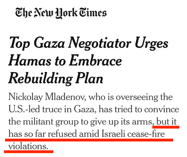 HonestReporting's tweet photo. The @nytimes would like us to believe that the reason Hamas refuses to give up its arms is due to "Israeli ceasefire violations."

Perhaps they need to pay more attention to what Hamas actually says. https://t.co/rIfqlikF9C
