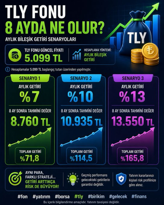 tulio_baruch's tweet photo. 📊 #TLY fonu yıl sonu 8 ay sonunda ne olur?  Güncel fiyat: 5.099 TL Aylık bileşik getiri senaryoları: 📷 %7 → 8.760 TL 📷 %13 → 13.550 TL  📷 Aynı para, farklı sonuçlar. 💡 https://t.co/njTb59bDKH