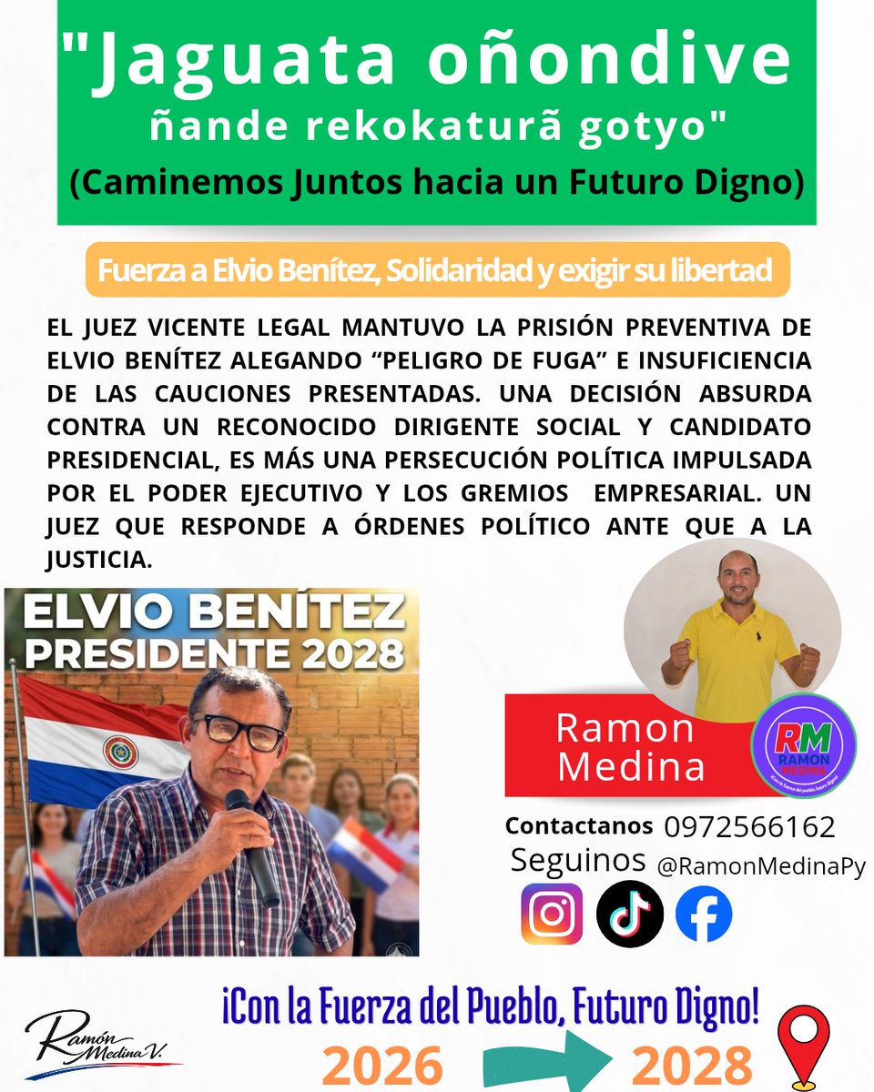 RamonMedinaPy's tweet photo. El gobierno de Santiago Peña, con la complicidad de sectores de poder económico, y ejecutada por un juez que responde a intereses políticos antes que a la justicia. mantiene en prisión a un candidato a Presidente. https://t.co/0uBqRaamUS