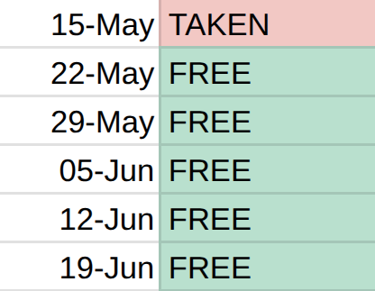 ArumaStudios's tweet photo. An Update on the schedule for hosting #PointNClickFriday

Tomorrow is taken, but everything after that is available. If you take any of the green slots, ping me so I can update the calendar and prevent conflicts. DMs are fine if you prefer. https://t.co/TEDZbleHZV