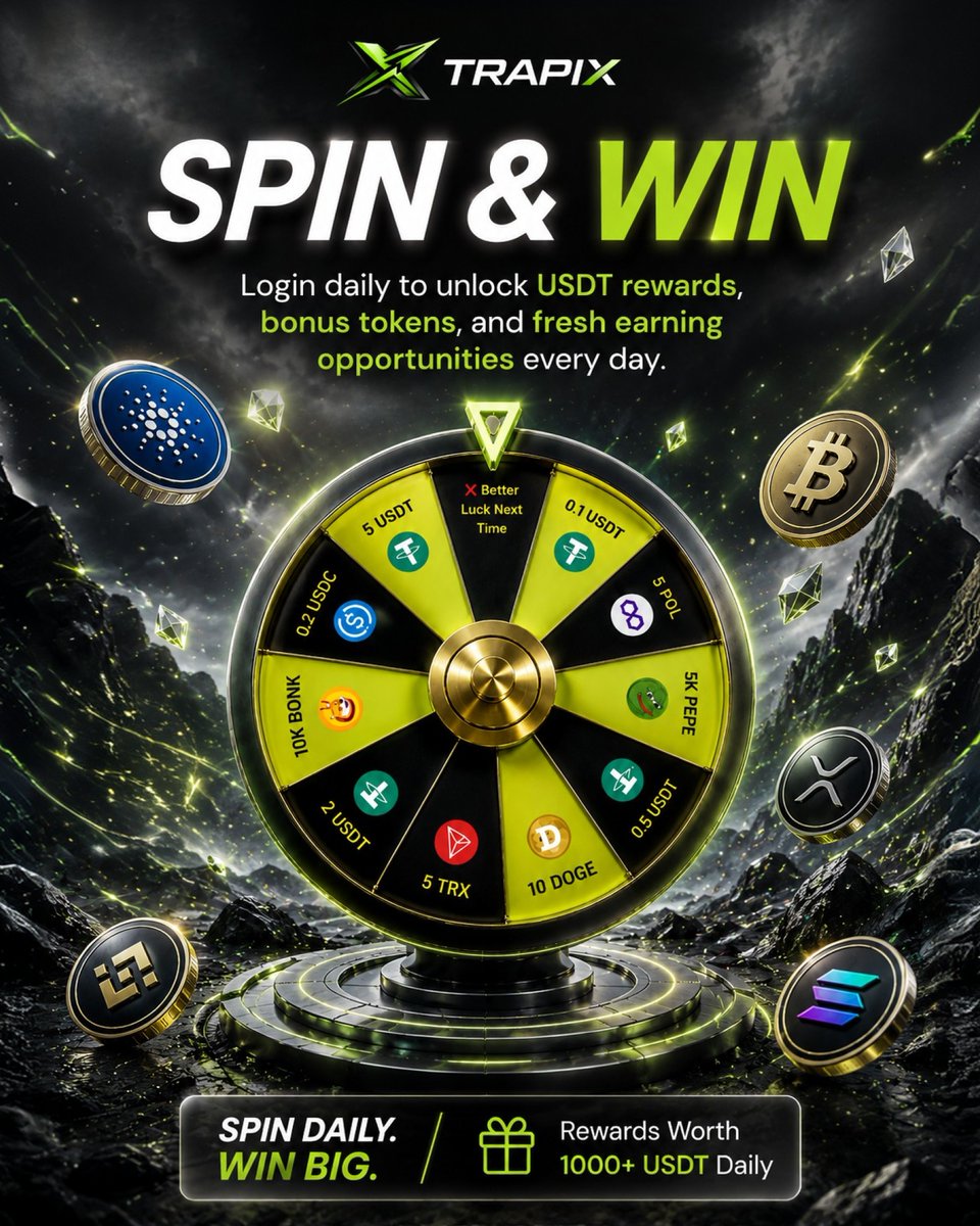 TrapixExchange's tweet photo. 🎰 SPIN DAILY. WIN BIG. 🎰

Your next login could unlock FREE USDT, bonus tokens, and massive crypto rewards on TRAPIX. 🚀💰

🎁 Rewards worth 1000+ USDT daily
⚡ Daily Spin & Win opportunities
💎 Win BTC, ETH, DOGE, XRP & more
🔥 Fresh rewards every single day

Why just watch the market when you can earn from it too? 👀

👉 Login now and spin: https://t.co/P0v3hlHCLJ
❤️ Like
🔁 Repost
👥 Tag a friend who needs free crypto

#Crypto #Bitcoin #Ethereum #USDT #SpinAndWin #Giveaway #CryptoRewards #Trapix #CryptoExchange #Airdrop #BTC #ETH #DOGE #Solana #XRP #Memecoin #Trading #CryptoTrading #BullRun #Altcoins #Blockchain #Web3 #CryptoCommunity #DeFi #Trending #Viral #Binance #Bybit #FreeCrypto #PlayToEarn