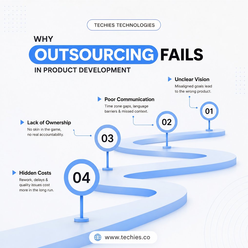 TechiesTechHQ's tweet photo. Outsourcing fails when ownership disappears. Great products need aligned vision, communication, and accountability. https://t.co/ujHjkE7Jci