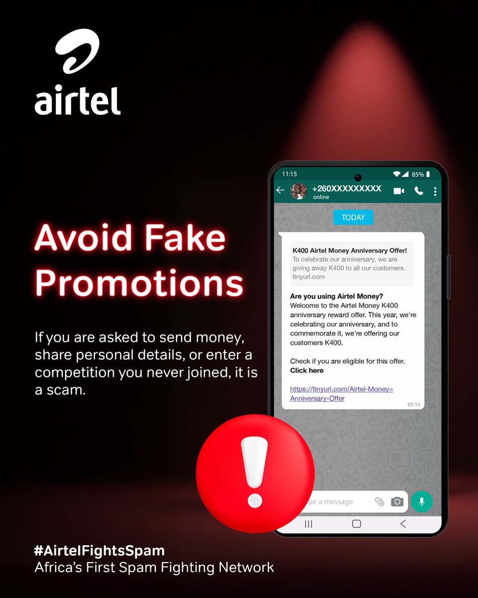 ZBTLive's tweet photo. If you are asked to send money, share personal details, or enter a competition you never joined, it is a scam. Legitimate promotions will never request payment to claim a prize.

#airtel #spamalert #zbt https://t.co/dZNSiQDW5N
