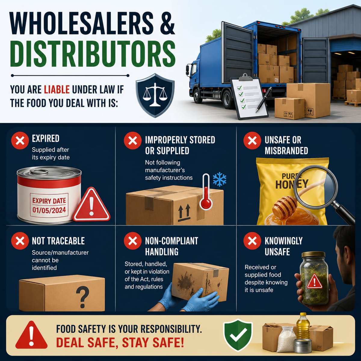 fsMythBuster's tweet photo. Attention Wholesalers &amp; Distributors!
Food safety doesn’t stop at manufacturing—it continues with you.
🚫 Expired food
⚠️ Unsafe or misbranded products
📦 Improper storage
🔍 Lack of traceability
Any lapse can make you legally liable.
#FoodSafety #Compliance #SafeFood https://t.co/dcgd65ZGdr
