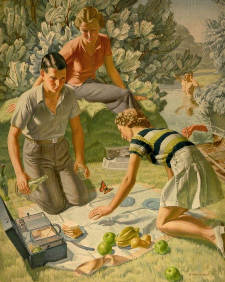 ahistoryinart's tweet photo. Harold Williamson's 'Picnic,' (1938)
can be read on multiple levels;  it might be seen as emphasis on continuity, or an erotically coming of age picture? 'Realism,' as Wyndham Lewis once said, 'is a fine, manly, practical word that appeals to everyone as safe and satisfactory.' https://t.co/P2p7gYmAOI