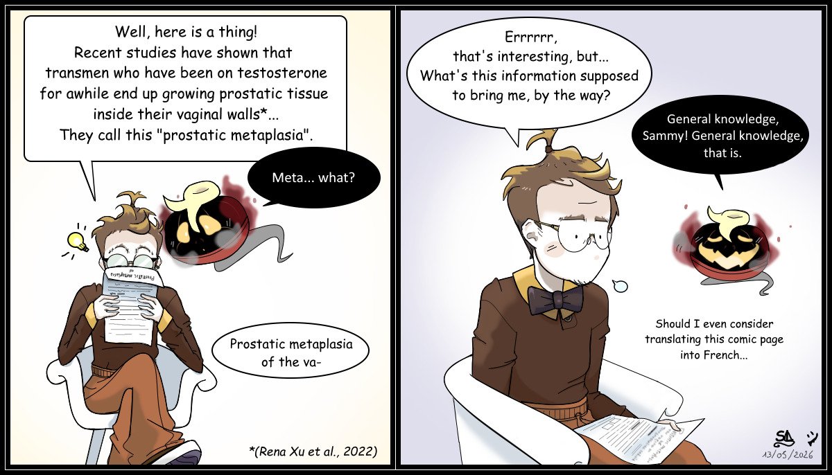 Sameore's tweet photo. 1/2 “Metaplasia”.
I read in another article it might also extend to the cervix… 
The number of studies made about the subject remains quite limited though, therefore long-term implications aren’t well known yet.
#art #digitalart #transgender #ftm #trans #comic #medicine https://t.co/Wl72cn9OKN