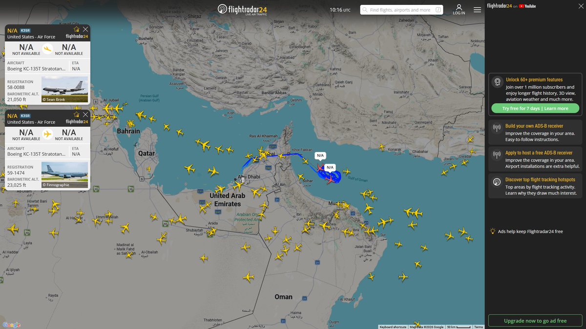 AIYeyENGDdJkjTr's tweet photo. May 14, 2026
#Al Reef Base, Abu Dhabi ==> #Gulf of Oman
#NoCALLSIGN #AE07A6 USAF KC-135T Stratotanker
#NoCALLSIGN #AE04DF USAF KC-135T Stratotanker https://t.co/Z1kNbCzL7B