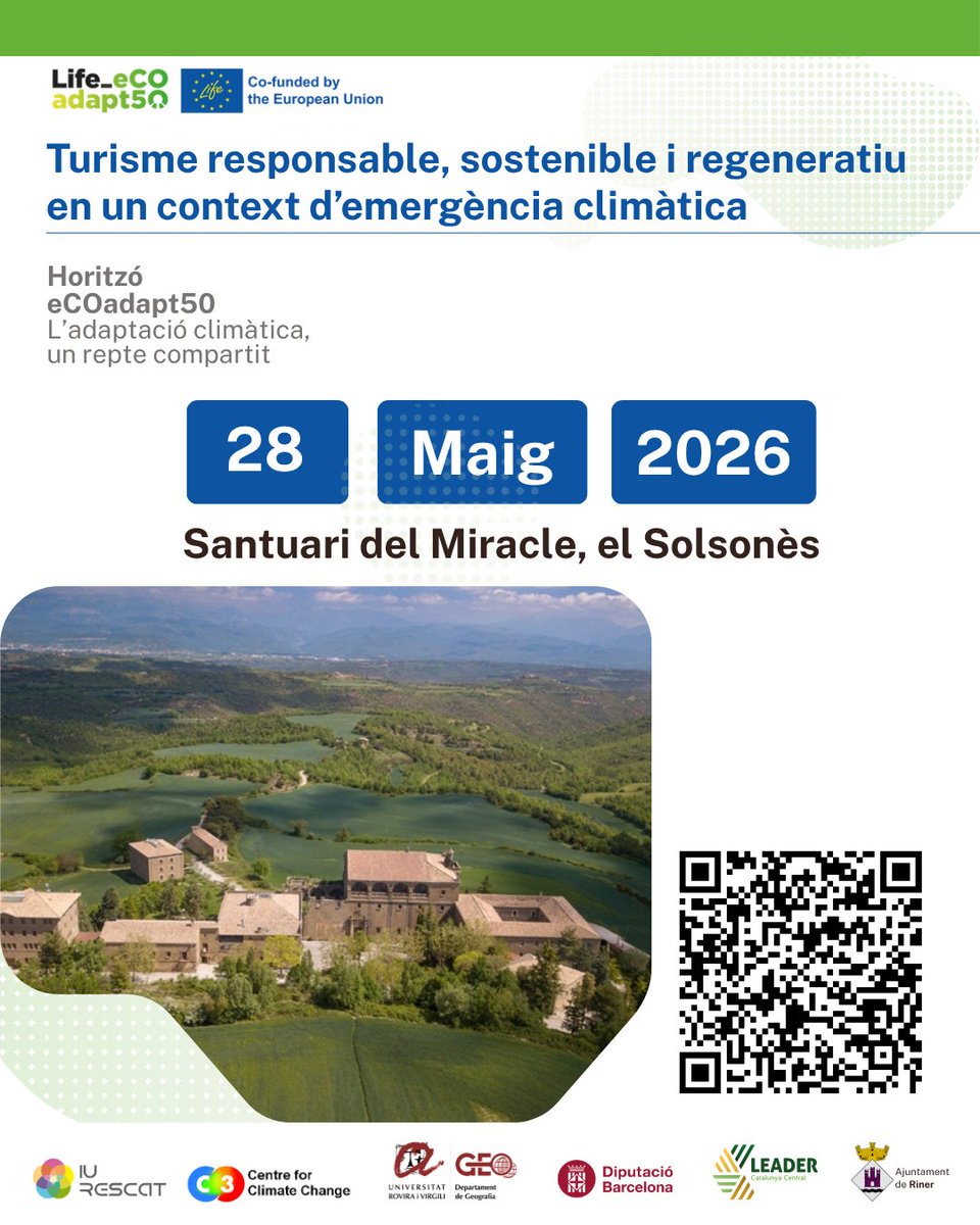 LeaderRGB's tweet photo. 📢 Com pot el turisme adaptar-se a l’emergència climàtica?

T'esperem al Santuari del Miracle (Solsonès) per parlar de turisme responsable, sostenible i regeneratiu en el marc de la jornada Horitzó @lifeeCOadapt50 

📅 28 de maig de 2026

👉 Consulta el programa i inscriu-t’hi! https://t.co/nj0KaKn9Cl