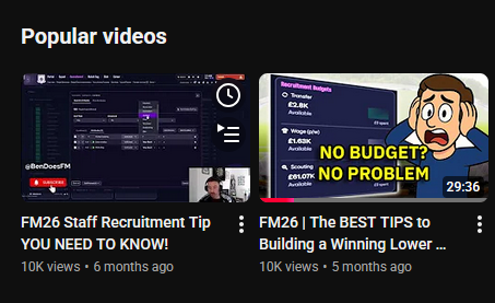 BenDoesFM's tweet photo. Been very quiet on the Football Manager front. Works been busy, Millwall flying, golf season - just havent had time to play or record much. 

But I noticed this on my YouTube this morning - 2 videos now at 10k views. Mind blowing to me that 🤯🤯 

https://t.co/2mr34nKDOS #FM26 https://t.co/ugGpkYtkTN