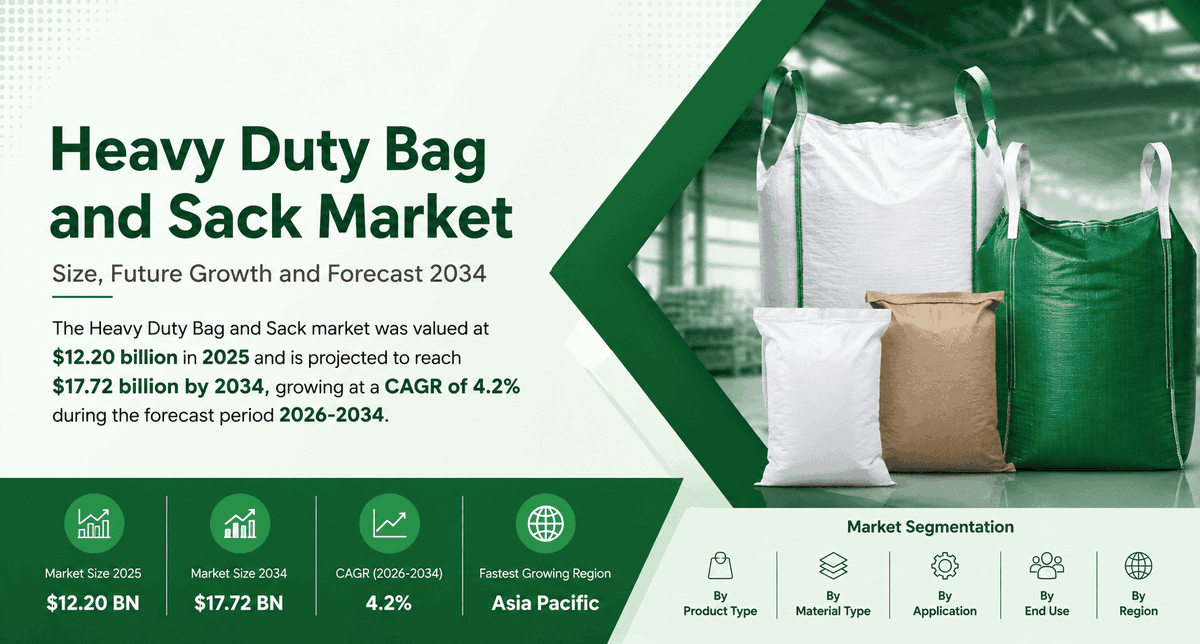 packagingfirm's tweet photo. The Heavy Duty Bag and Sack Market hits $12.20B in 2025, rising to $17.72B by 2034 at 4.2% CAGR. Construction, agriculture, and logistics are driving demand globally. Full report: https://t.co/moB9AGOZVv #HeavyDutyBags #PackagingMarket https://t.co/nraqeamDJn
