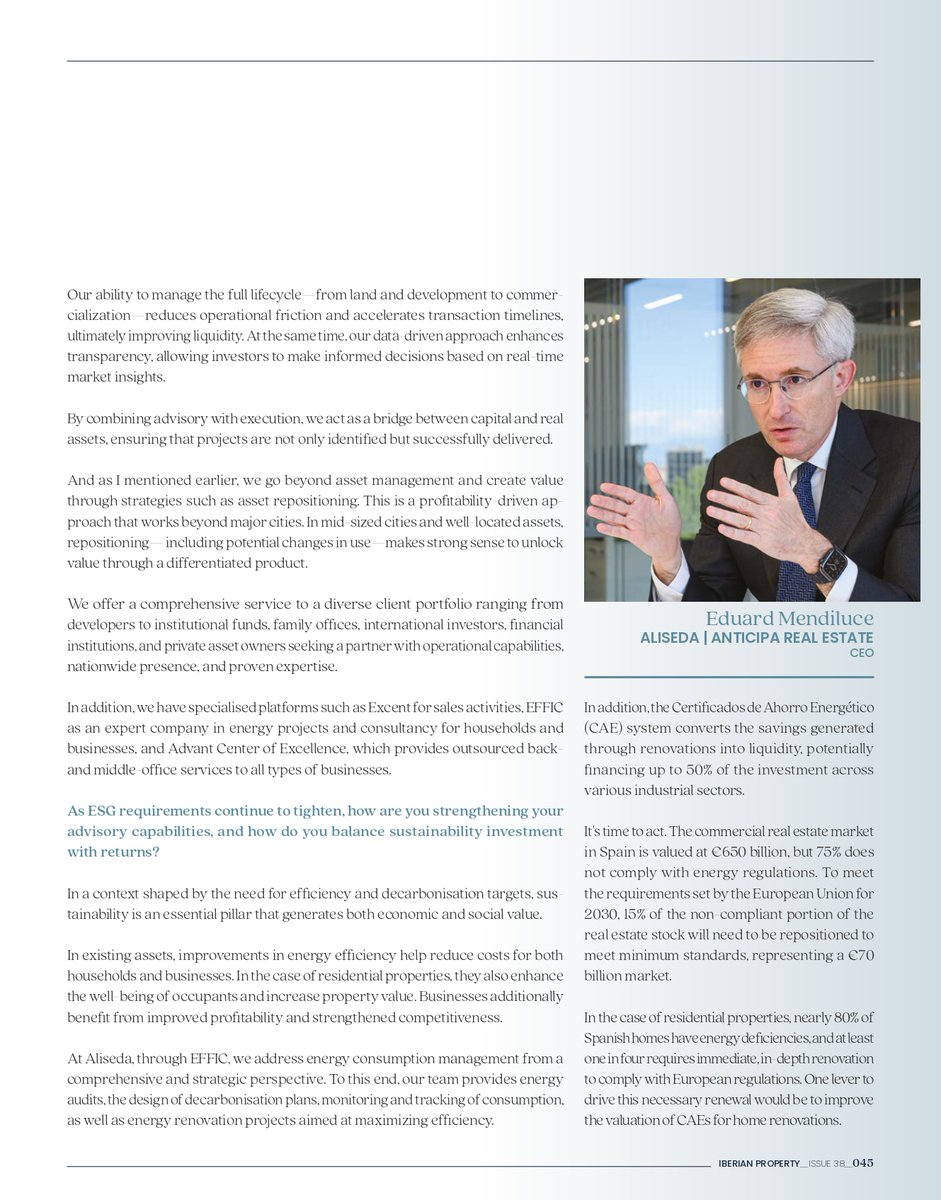 alisedaes's tweet photo. “En nueve meses hemos captado más de 170 clientes con oportunidades off market”.

Nuestro CEO, Eduard Mendiluce, analiza en una entrevista para Iberian Property la evolución de Aliseda hacia una plataforma integral de gestión inmobiliaria, capaz de combinar advisory, ejecución operativa y comercialización a lo largo de todo el ciclo de vida de los activos.

En un contexto de transformación del mercado inmobiliario, seguimos reforzando nuestra capacidad para identificar oportunidades de valor, reposicionar inmuebles  y conectar capital con activos inmobiliarios en segmentos como residencial, oficinas, hoteles, logística y retail.

En los últimos nueve meses:
✔️ Hemos captado más de 170 clientes
✔️ Gestionado oportunidades off market por valor de 2.400 millones de euros
✔️ Incorporado más de 460 millones de euros en activos terciarios

La entrevista también pone el foco en el papel de la sostenibilidad y la rehabilitación energética como palancas clave para el sector. En este ámbito, desde EFFIC, nuestra compañía especializada en proyectos energéticos y consultoría para hogares y empresas, impulsamos iniciativas de eficiencia energética, descarbonización y rehabilitación orientadas a maximizar el valor de los activos y adaptarlos a los nuevos estándares regulatorios y de mercado.

Gracias a @IberianProp  por contar con nosotros para compartir nuestra visión sobre el futuro del real estate en España.

Podéis leer la entrevista completa aquí 👇