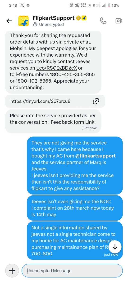 Md291097's tweet photo. Here is the @flipkartsupport chat.
#jeeves will not provide the service, and when you lodge a complaint with @flipkartsupport, they simply tell you to speak to Jeeves directly.
This is all Flipkart can do.😆
Why are you selling a product with a service partner as Jeeves? https://t.co/i9HEhDc9aL