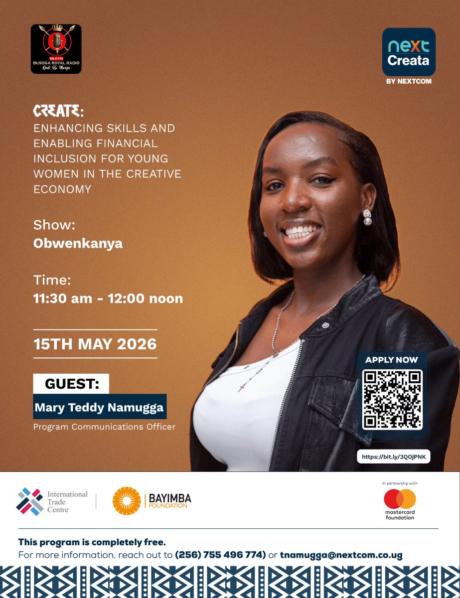 NextCreata's tweet photo. The creative industry has so much potential for young women, and conversations like these truly matter.
Donβt miss Mary Teddy Namugga and Eugene Kavuma on Obwenkanya on Busoga Royal Radio this 15th May at 11:30 AM.
#CreativeWealthUG #NextCreata #TheNextCreatorProgram https://t.co/Ot54ouCz6S