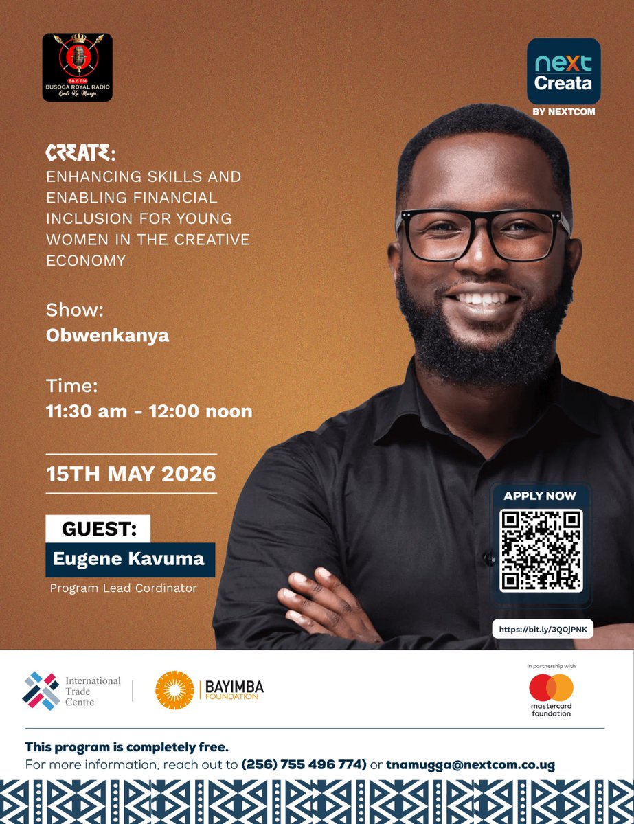 NextCreata's tweet photo. The creative industry has so much potential for young women, and conversations like these truly matter.
Donβt miss Mary Teddy Namugga and Eugene Kavuma on Obwenkanya on Busoga Royal Radio this 15th May at 11:30 AM.
#CreativeWealthUG #NextCreata #TheNextCreatorProgram https://t.co/Ot54ouCz6S