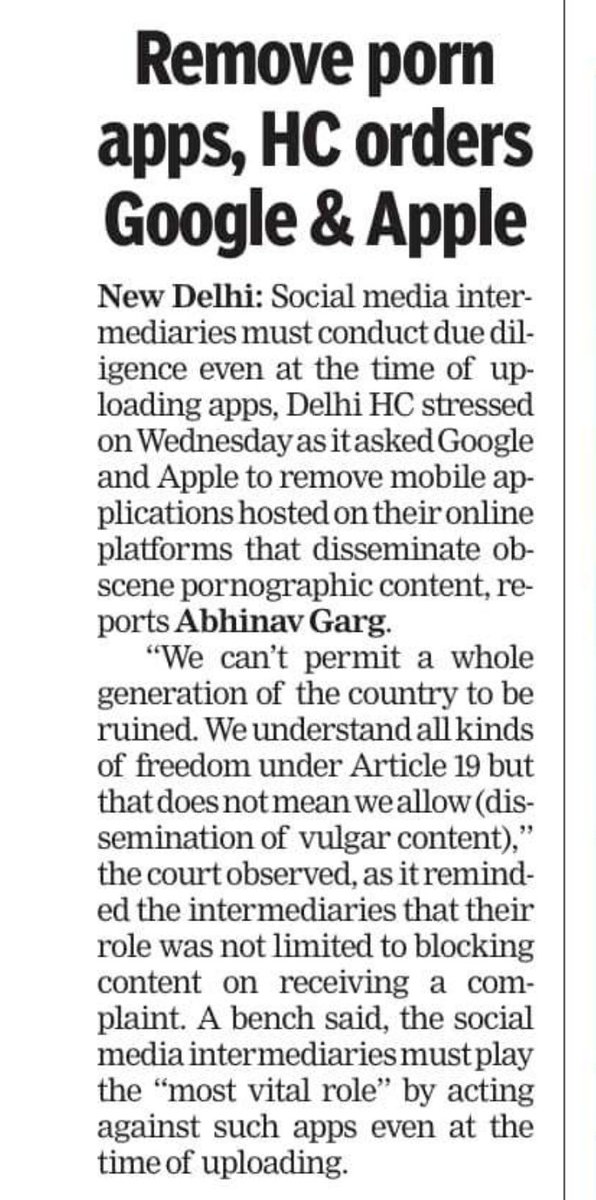 pranesh's tweet photo. Under what provision of law did the #DelhiHC order Google and Apple to restrict porn apps even without any order or notice from the govt?

#socmed #FoE #censorship #India #obscenity #AppStores https://t.co/cNHy4B2um8