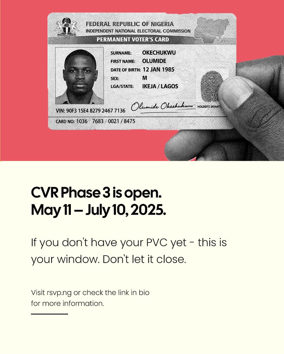 EiENigeria's tweet photo. ...and here's what you can do about it.
CVR Phase 3 is open. May 11-July 10, 2026.
If you don't have your PVC yet - this is your window. Don't let it close.
https://t.co/S8qTFaiMbH https://t.co/cJZrUfXg2b