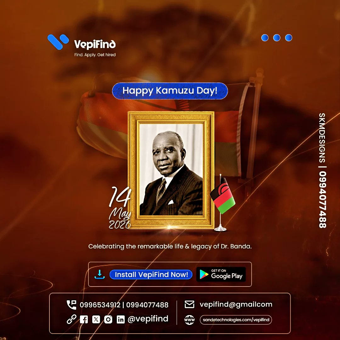 VepiFind's tweet photo. Happy Kamuzu Day 🇲🇼

As we honour progress &amp; ambition, take the next step in your career journey with VepiFind - the convenient way to find and apply for jobs right from your phone. 📱🚀

Download now on Google Play:
https://t.co/sbABCIbNlQ https://t.co/txCzTTvFgs