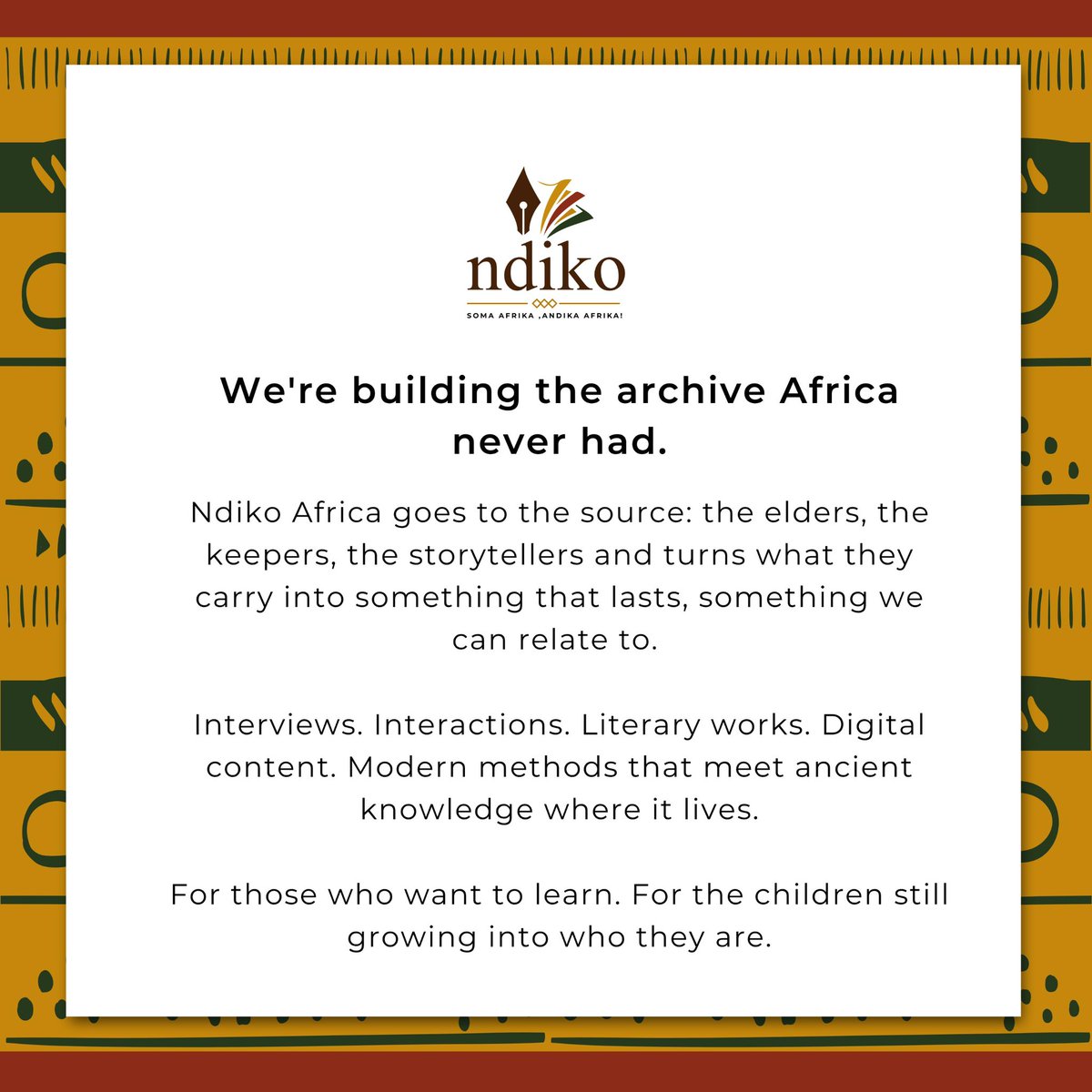 ndikoafrika's tweet photo. Africa is forgetting itself.
Every elder who passes takes a library with them. No written record. No archive. Just memory, fading.

We're building the archive Africa never had.

We don't bite, but we write. 🖊️
— Ndiko Africa

#NdikoAfrica #AfricanCulture #CulturalPreservation https://t.co/D40Fb7t5DC