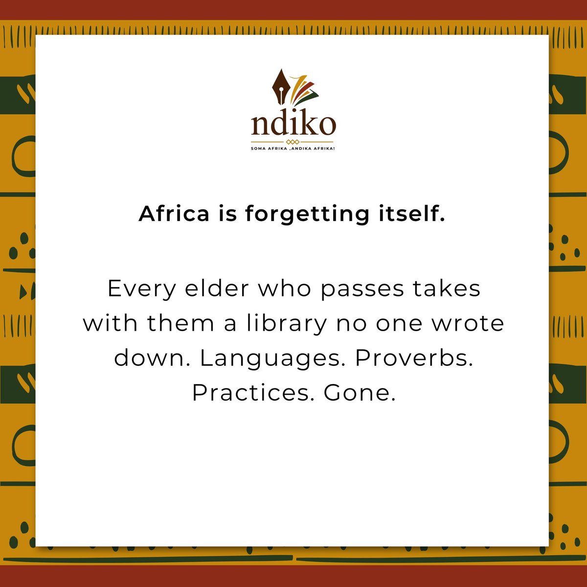 ndikoafrika's tweet photo. Africa is forgetting itself.
Every elder who passes takes a library with them. No written record. No archive. Just memory, fading.

We're building the archive Africa never had.

We don't bite, but we write. 🖊️
— Ndiko Africa

#NdikoAfrica #AfricanCulture #CulturalPreservation https://t.co/D40Fb7t5DC