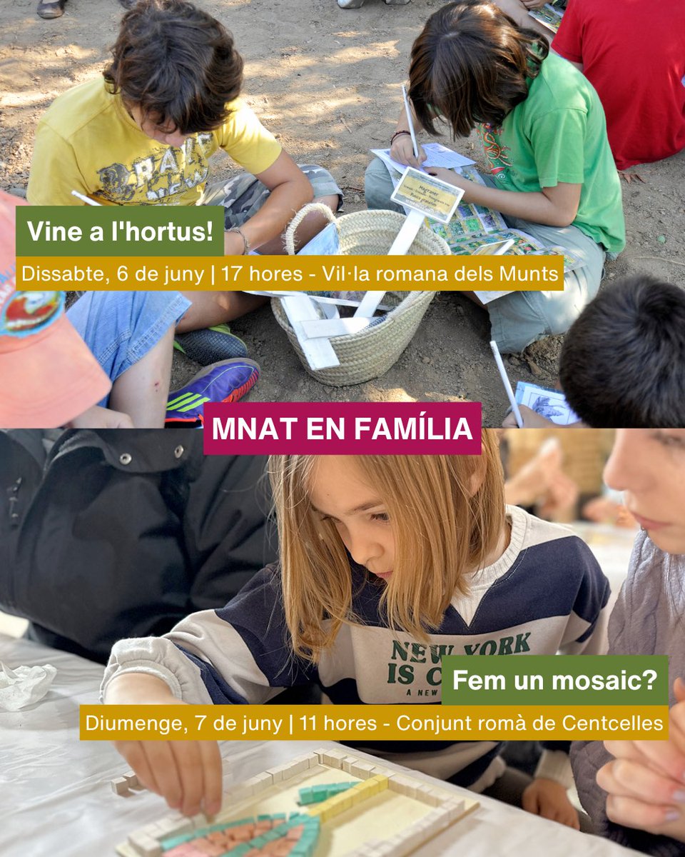 MNATTGN's tweet photo. 🏛️☀️ Aquesta recta final de curs, el MNAT et convida a viure el patrimoni en família amb dos tallers per explorar i experimentar com era la vida a Tàrraco.

🌿 Vine a l’hortus!
🗓️ Dissabte, 6 de juny 

🎨 Fem un mosaic?
🗓️ Diumenge, 7 de juny 

ℹ️ https://t.co/ZSppfuCyqM https://t.co/oSK2IoZLlF