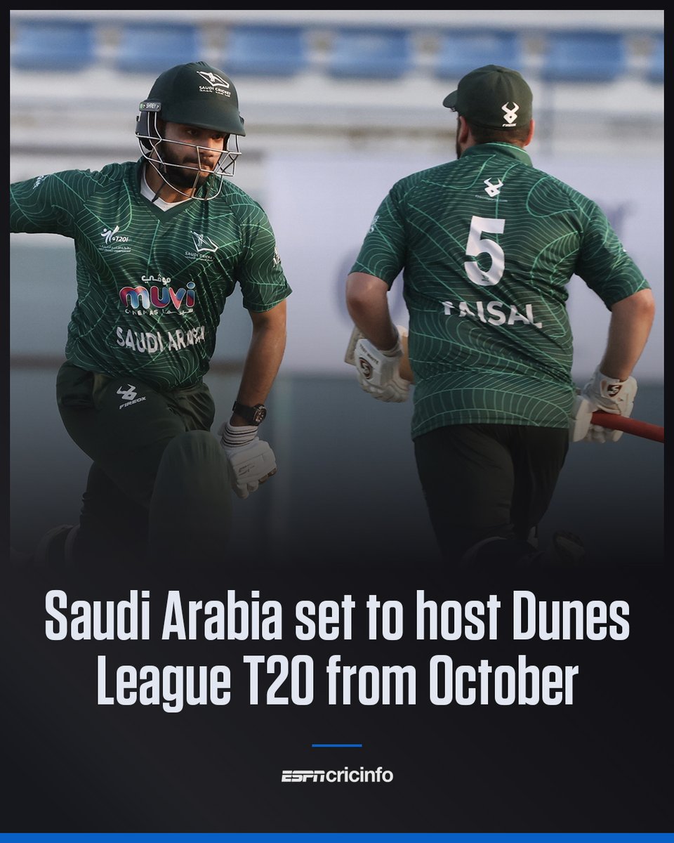 ESPNcricinfo's tweet photo. Saudi Arabia is set to host its first franchise league later this year, with the Dunes League T20 due to launch in October.

The league is expected to feature players who have recently retired from international cricket but remain active on the franchise circuit

More details: https://t.co/fKXpLx1WqM