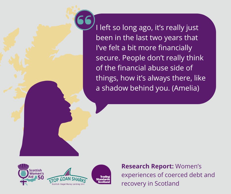scotwomensaid's tweet photo. Today, alongside the Scottish Illegal Money Lending Unit @StopLoanSharks and Trading Standards Scotland @TSScot, we are launching a new research report, “It’s always there, like a shadow behind you”: Women’s Experiences of Coerced Debt and Recovery in Scotland.

This report provides, for the first time, a comprehensive picture of the experiences of women affected by coerced debt in Scotland. 

Conducted by Scottish Women’s Aid and commissioned by the Scottish Illegal Money Lending Unit and Trading Standards Scotland, the research highlights how coerced debt is used as a tactic of domestic abuse, trapping women and their children in long-term financial hardship.

Through in-depth qualitative research, survivors and Advocacy Workers have shared their experiences in their own words. Together, their voices reveal the scale of coerced debt in Scotland and the devastating impact of economic abuse.

Over the next few weeks, we will share these voices and highlight key findings and recommendations from the report.

📄 For now, read the report and learn more about what must change: https://t.co/JEgdfXcOit

📄Short on time? Read the summary of the report: https://t.co/J0TPVp3X6k
